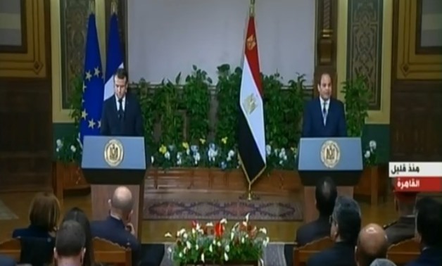 President Abdel Fatah al-Sisi and his French counterpart Emmanuel Macron in a press conference at Ittihadiya Castle in Cairo, Egypt. January 28, 2019. TV Screenshot