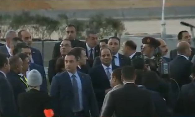 President Abdel Fatah al-Sisi and French counterpart Emmanuel Macron in a visit to the New Administrative Capital, Egypt. January 28, 2019. TV Screenshot