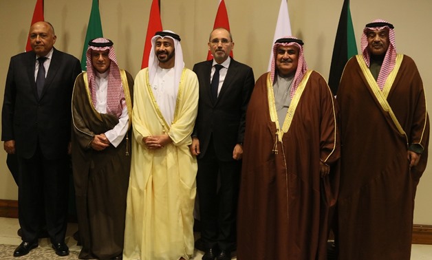 Foreign Ministers of Egypt, Jordan, Bahrain, the UAE, and Saudi Arabia  pose for a photo on January 31, 2019 in the King Hussein Bin Talal Convention- press photo