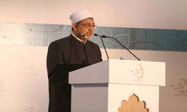 FILE - Grand Imam and Al Azhar Sheikh Ahmed al-Tayeb delivers a speech in a conference in Cairo, Egypt.  
