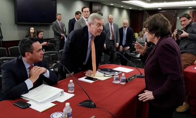 U.S. Rep Pete Aguilar (D-CA) and U.S. Senator Dick Durbin (D-IL) talk with House Appropriations Committee Chairwoman Nita Lowey (D-NY), serving as the Chairwoman of a bipartisan group of U.S. lawmakers from both the U.S. Senate and House of Representative