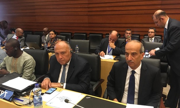 Sameh Shoukry, the Egyptian Foreign Minister (L) participates in the 34th Ordinary Session of the Executive Council of the African Foreign Ministers kicked off on Thursday at the AU Commission- Press photo