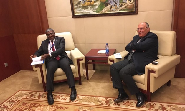 Gabon’s Foreign Minister Abdu Razzaq Guy Kambogo (L) with Egyptian Foreign Minister Sameh Shoukry (R) on the sidelines of  the preparatory meetings of the 32nd African Union Summit in Addis Ababa on February 8, 2019- Press photo