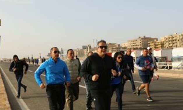 Minister of Antiquities Khaled Anany , the Minister of Tourism Rania Al-Mashat, Minister of Youth and Sports Ashraf Sobhy and Mostafa Waziri, the secretary-general of the Supreme Council of Antiquities participated in the Pyramids Marathon on Friday, Febr