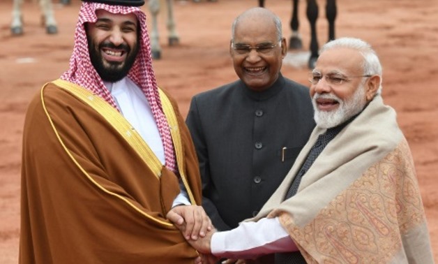 Saudi Crown Prince Mohammed bin Salman (L, with India's President Ram Nath Kovind and Prime Minister Narendra Modi) is on a high-profile tour of Asia to show Riyadh still has friends after the murder of journalist Jamal Khashoggi AFP
