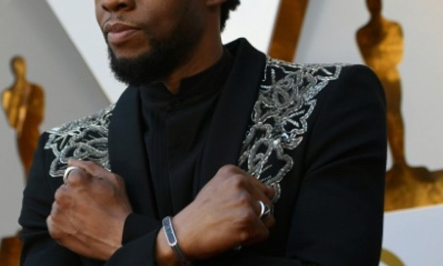 Actor Chadwick Boseman -- who plays the title role in "Black Panther" -- makes the Wakanda Forever arm gesture on the Oscars red carpet in March 2018 AFP/File
