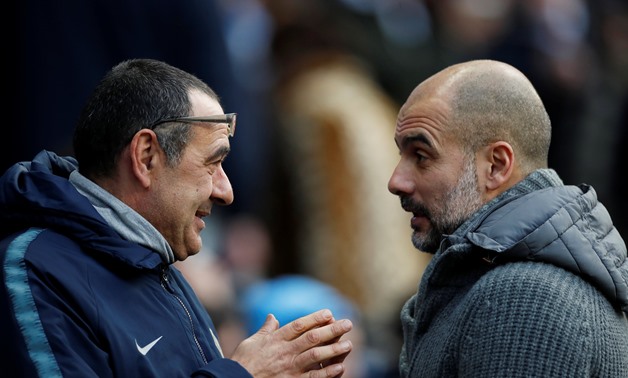 Soccer Football - Premier League - Manchester City v Chelsea - Etihad Stadium, Manchester, Britain - February 10, 2019 Chelsea manager Maurizio Sarri and Manchester City manager Pep Guardiola before the match Action Images via Reuters/Carl Recine EDITORIA