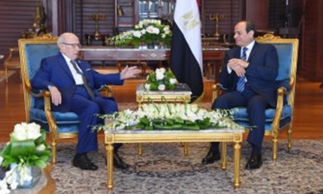 President Abdel Fatah al-Sisi and Tunisian counterpart Beji Caid Essebsi in a meeting on the sidelines of Arab-European Summit in Sharm El Sheikh. February 24, 2019. Press Photo 