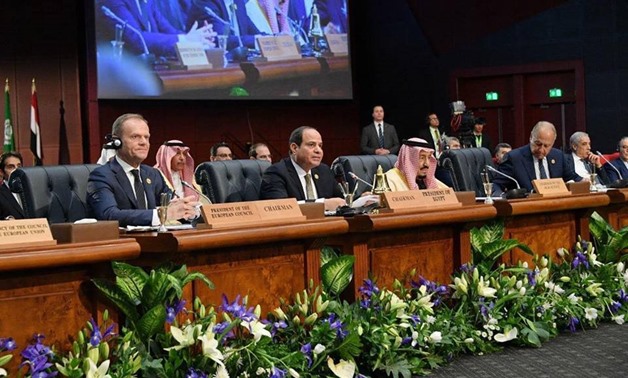 President of the European Council Donald Tusk (L), Egypt's President Abdel Fatah al-Sisi (M), King Salman of Saudi Arabia (R) during the opening session of the LAS-EU summit in Sharm el-Sheikh