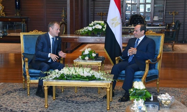 President Abdel Fatah al-Sisi and President of the European Council Donald Tusk on the sidelines of the Arab-European Summit held in Sharm El Sheikh. February 24, 2019. Press Photo