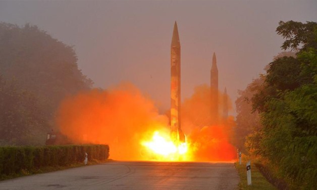 Ballistic rocket is seen launching during a drill by the Hwasong artillery units of the KPA Strategic Force, July 2016 - KCNA/REUTERS
