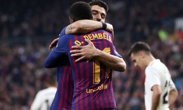 Soccer Football - Copa del Rey - Semi Final Second Leg - Real Madrid v FC Barcelona - Santiago Bernabeu, Madrid, Spain - February 27, 2019 Barcelona's Luis Suarez celebrates their second goal with Ousmane Dembele REUTERS/Susana Vera
