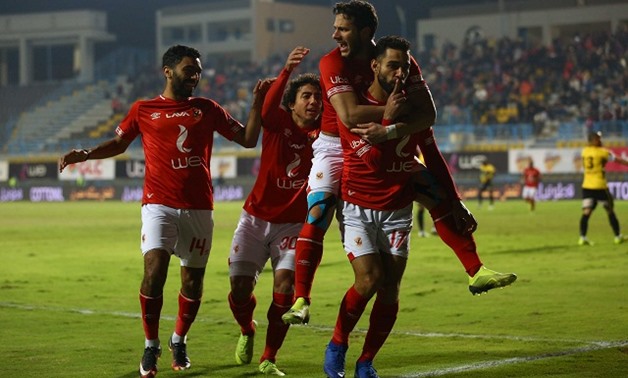 File- Al-Ahly players celebrating after scoring a goal 