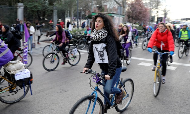  Women take part in a bike protest during a nationwide feminist strike on International Women's Day in Madrid, Spain, March 8, 2019. REUTERS/Sergio Perez