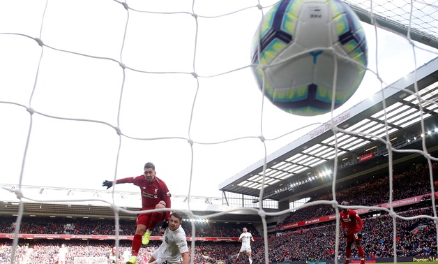 Soccer Football - Premier League - Liverpool v Burnley - Anfield, Liverpool, Britain - March 10, 2019 Liverpool's Roberto Firmino scores their third goal REUTERS/Andrew Yates EDITORIAL USE ONLY. No use with unauthorized audio, video, data, fixture lists, 