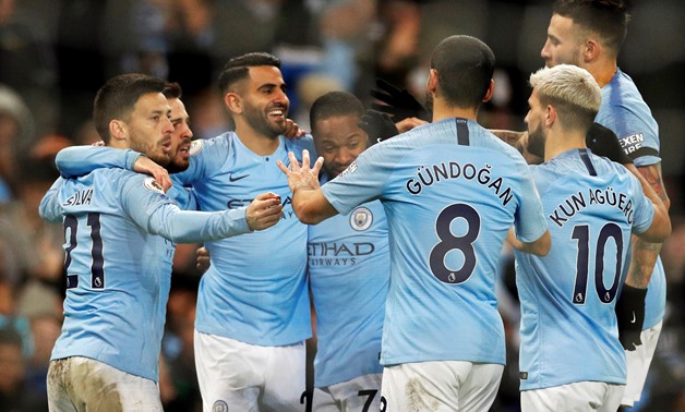 Soccer Football - Premier League - Manchester City v Watford - Etihad Stadium, Manchester, Britain - March 9, 2019 Manchester City's Raheem Sterling celebrates scoring their second goal with team mates REUTERS/Phil Noble