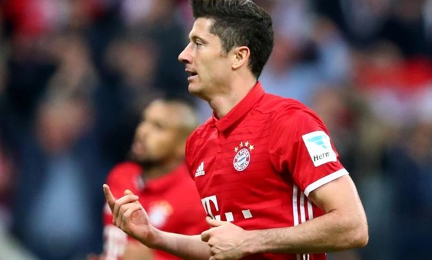 8/4/17 Bayern Munich's Robert Lewandowski celebrates scoring their fourth goal Reuters / Michael Dalder 
