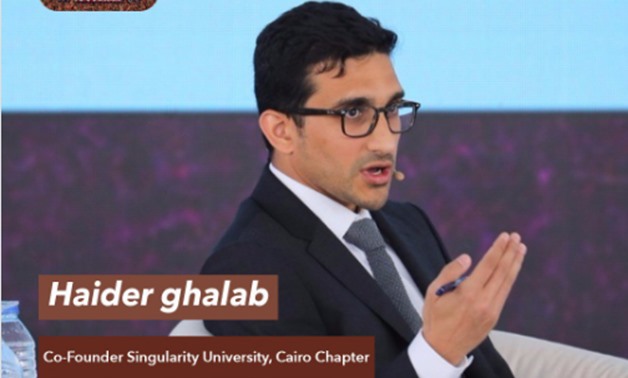 Haider Ghaleb, representative of Singularity University during his speech at the Arab-African Platform - photo from WYF twitter account