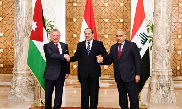 President Abdel Fattah al-Sisi, King Abdullah II of Jordan and the Prime Minister of Iraq Adel Abdul-Mahdi during the tripartite summit held March 24, 2019 - Press Photo