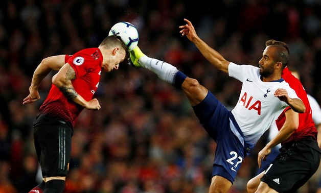 August 27, 2018 Tottenham's Lucas Moura in action with Manchester United's Phil Jones. Action Images via Reuters/Jason Cairnduff