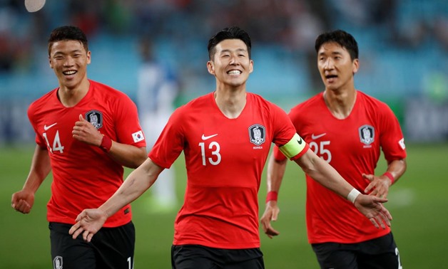 Soccer Football - International Friendly - South Korea vs Honduras - Daegu Stadium, Daegu, South Korea - May 28, 2018 South Korea's Son Heung-Min celebrates scoring their first goal with team mates REUTERS/Kim Hong-Ji
