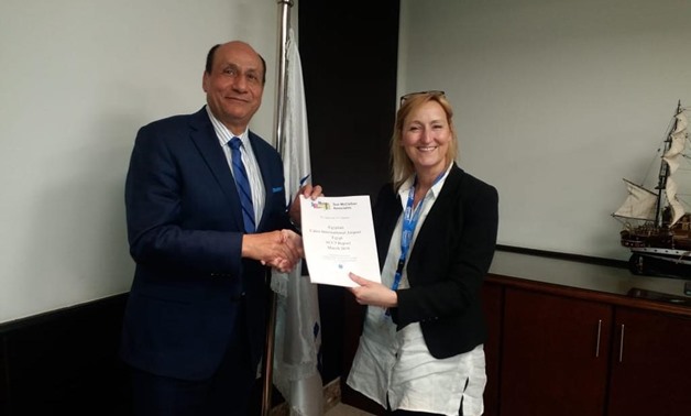 Chairman of EgyptAir Cargo Bassem Gohar receives ACC3 validation renewal from European official in Cairo, Egypt. March 27, 2019. Press Photo 