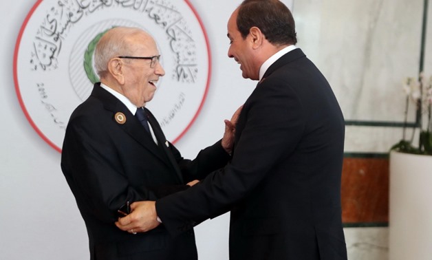 Tunisian President Beji Caid Essebsi welcomes President Abdel Fatah al-Sisi in Tunisia on Sunday, March 31, 2019- Press photo