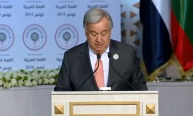 Secretary-General of the United Nations (UN) António Guterres during his speech at 30th Arab summit in Tunisia - Screen shot from extra news channel 