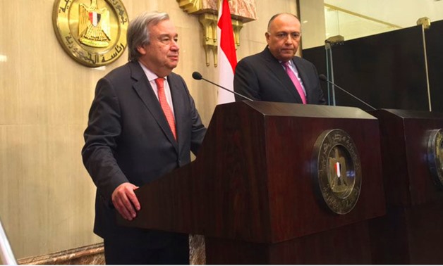 FILE - Egypt's Foreign Minister Sameh Shoukri (R) holds a press conference in Cairo with UN Secretary-General António Guterres (L) - Courtesy of the UNSG spokesperson