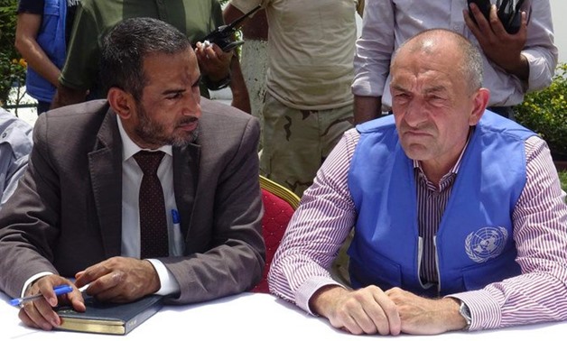 Retired Danish general Michael Lollesgaard the newly appointed head of the UN observer mission in war-wracked Yemen, meets local officials in the Red Sea port city of Hodeida on April 2, 2019. (AFP)
