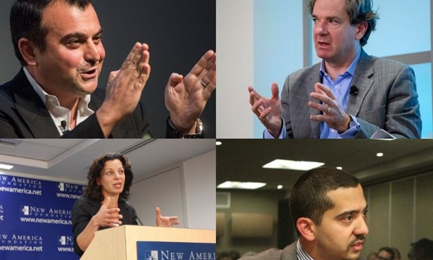 Compiled photo of, respectively from left to right, Ali Soufan (Flickr/LBJ Library), Peter Bergen (Flickr/New America), Juliette Kayyem (Flickr/New America), and Mehdi Hassan (Wikimedia/Mathew Smith) respectively from left to right.