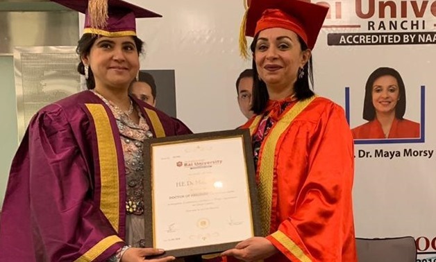 Dr. Maya Morsi receiving her honorary doctoral degree at the gala inaugural of the Women Economic Forum 2019 (Press photo)