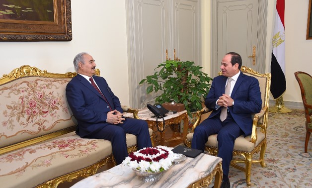 File- President Abdel Fatah al-Sisi (R) meets with Libyan commander Khalifa Hafter in Cairo on May 13, 2017- press photo

