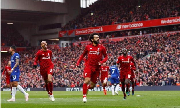Salah celebrates scoring against Chelsea, Reuters, Phil Noble