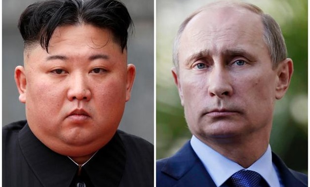A combination of file photos shows North Korean leader Kim Jong Un attending a wreath laying ceremony at Ho Chi Minh Mausoleum in Hanoi, Vietnam March 2, 2019 and Russia's President Vladimir Putin looking on during a joint news conference with South Afric