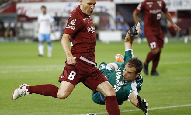 Vissel Kobe's Andres Iniesta of Spain scores his first goal for Vissel Kobe during their J-League soccer match against Jubilo Iwata in Kobe, Japan in this photo taken by Kyodo August 11, 2018. Mandatory credit Kyodo/via REUTERS
