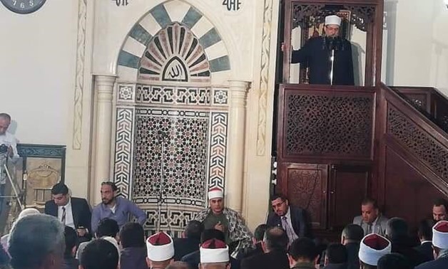 Minister of Religious Endowment Mohammed Gomaa performing Friday prayers at Youth City Mosque in Arish on 26 April 2019 - Egypt Today