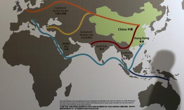 A map illustrating China's "One Belt, One Road" megaproject at the Asian Financial Forum in Hong Kong. REUTERS/Bobby Yip
