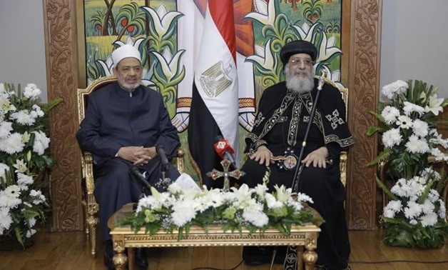 Al-Azhar Grand Imam with Pope Tawadros II in the Coptic Orthodox Cathedral in Cairo April 27, 2011.