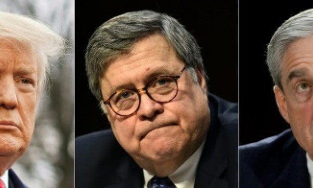 President Donald Trump (left) cast himself as fully exonerated after Bill Barr (center) delivered a four-page memo that he called a summary of the key findings by Special Counsel Robert Mueller AFP/File