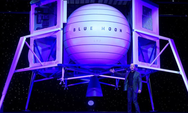 Founder, Chairman, CEO and President of Amazon Jeff Bezos unveils his space company Blue Origin's space exploration lunar lander rocket called Blue Moon during an unveiling event in Washington on May 9, 2019. (REUTERS/Clodagh Kilcoyne)