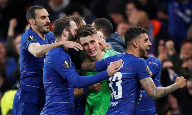 Chelsea's Kepa Arrizabalaga, Davide Zappacosta, Gonzalo Higuain and Emerson Palmieri celebrate winning the penalty shootout - REUTERS/David Klein T