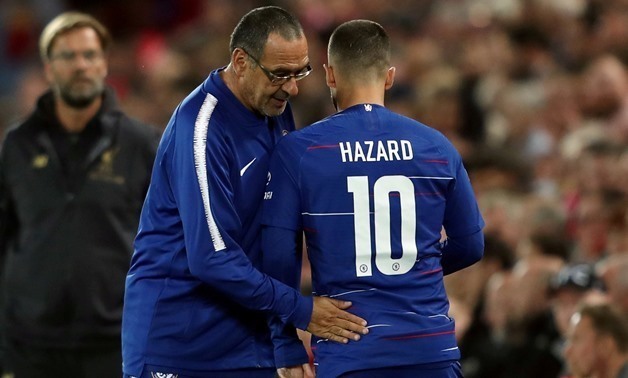 FILE PHOTO: Chelsea's Eden Hazard talks to manager Maurizio Sarri at Anfield, Liverpool, Britain - September 26, 2018. Action Images via Reuters/Lee Smith/File Photo