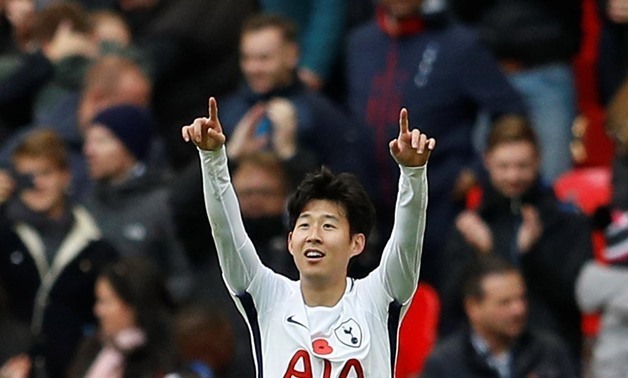 Tottenham's Son Heung-min celebrates scoring their first goal. REUTERS/Peter Nicholls

