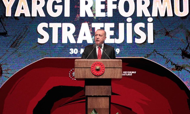 Turkish President Tayyip Erdogan speaks during a meeting to announce judiciary reforms in Ankara on Thursday, May 30, 2019. (Presidential Press Office/Reuters)
