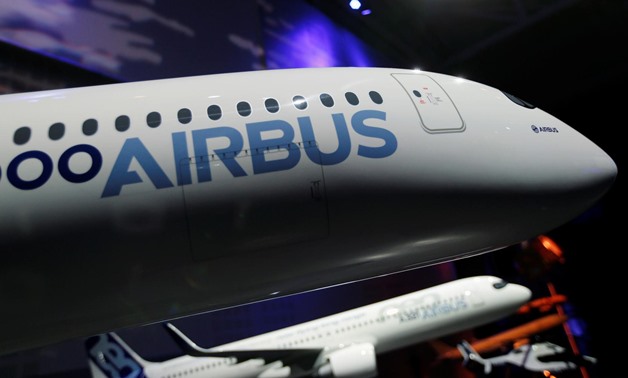 The Airbus logo is pictured on a scale model of an Airbus A350 as Airbus announces annual results in Blagnac, near Toulouse, France February 14, 2019. REUTERS/Regis Duvignau
