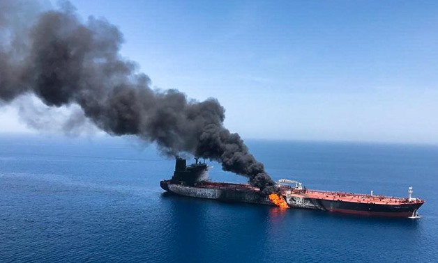 An oil tanker is seen after it was attacked at the Gulf of Oman, June 13, 2019. ISNA/Handout via REUTERS
