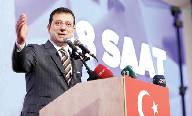 The opposition candidate, Ekrem Imamoglu, addresses a meeting in Istanbul on Friday ahead of June 23 re-run of Istanbul elections. (AP)
