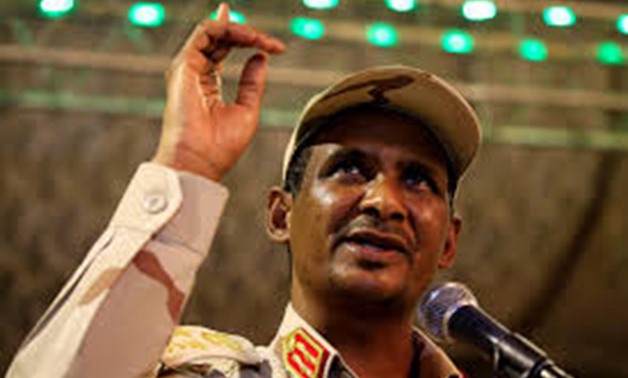 FILE PHOTO: General Mohamed Hamdan Dagalo, head of the Rapid Support Forces (RSF) and deputy head of the Transitional Military Council (TMC) delivers an address after the Ramadan prayers and Iftar organized by Sultan of Darfur Ahmed Hussain in Khartoum, S