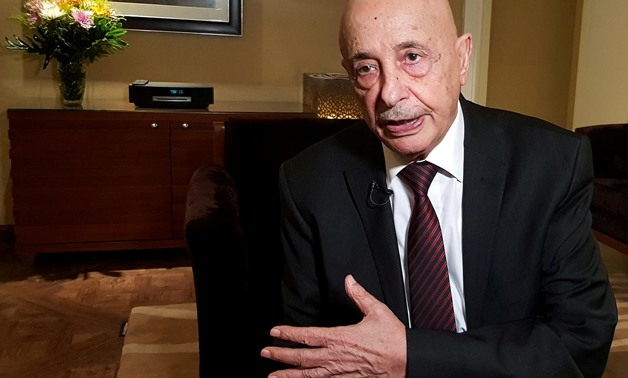 FILE PHOTO: Aguila Saleh, Head of East Libya Parliament, speaks during an interview with Reuters in Cairo, Egypt June 12, 2019. REUTERS/Mahmoud Mourad